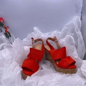 YDN Red Wedge Peep Toe Platform Slingback Sandals